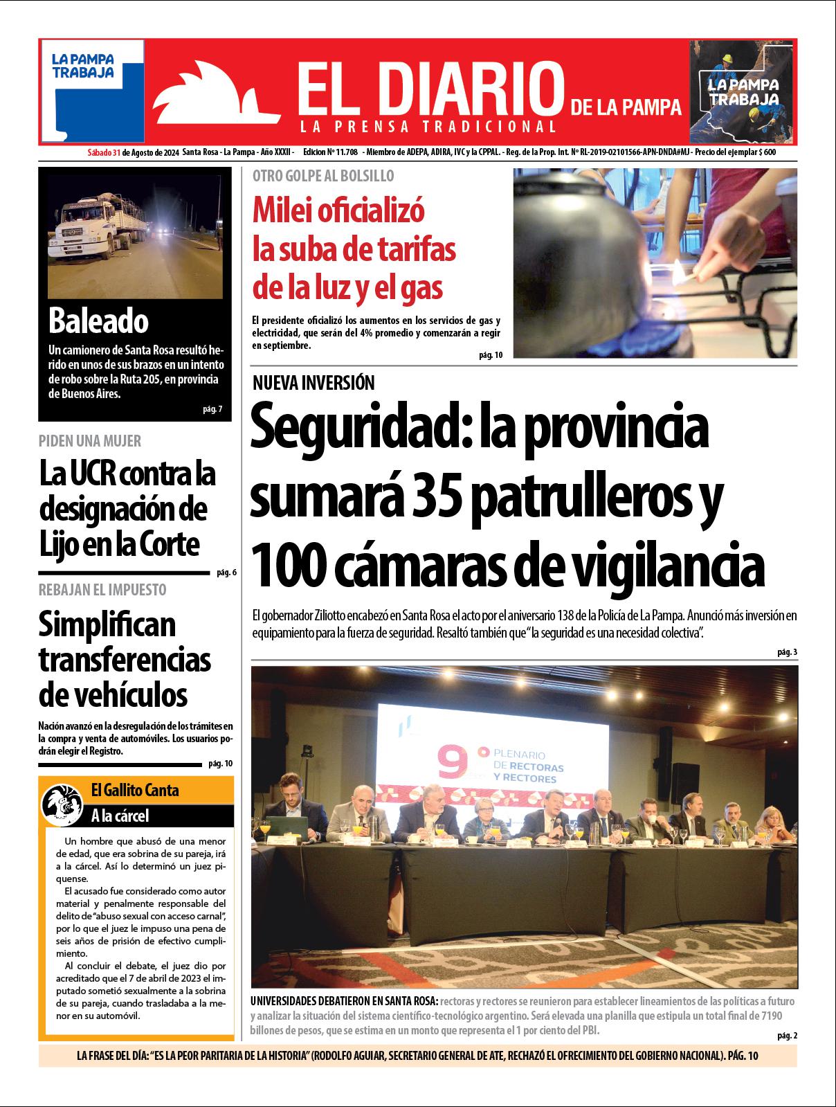 Tapa de El Diario en papel  saacutebado 31 de agosto de 2024